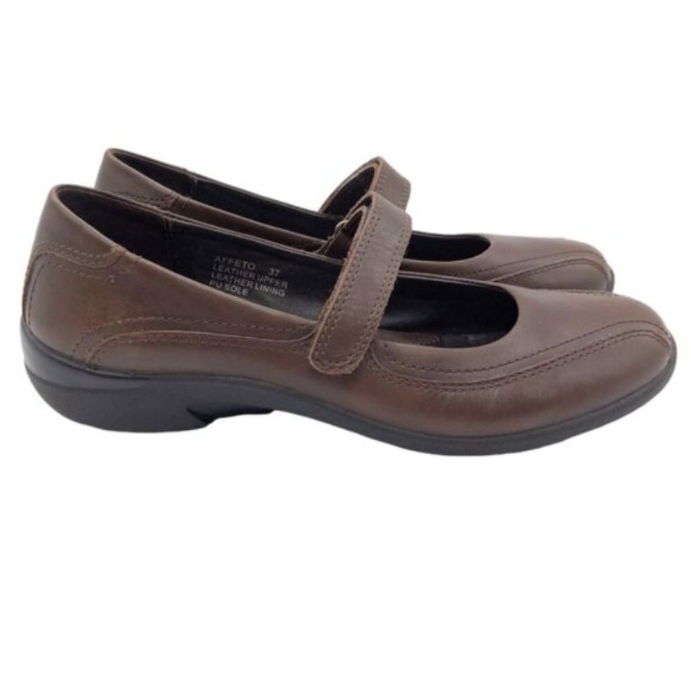 Fly Flot Affeto Leather Brown Mary Janes Sz EU37 Appx US 7 Hook & Loop C…